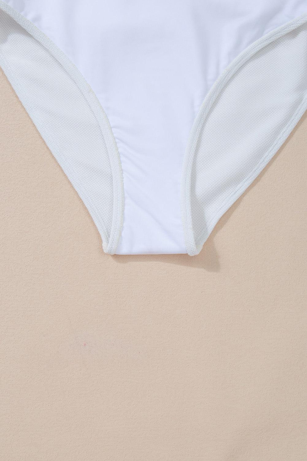 White Asymmetric Ruffle Trim Tie Waist One Piece Swimsuit - L & M Kee, LLC