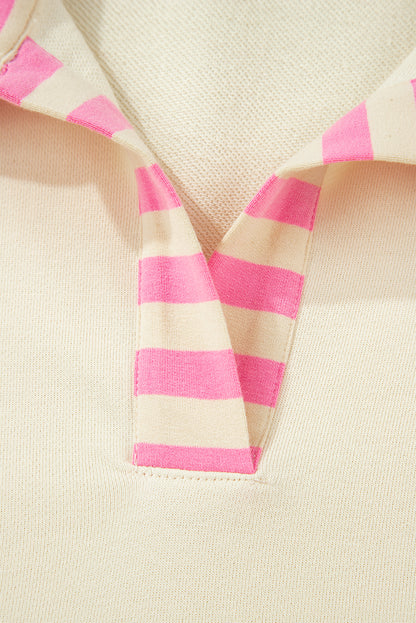 Pink Stripe Contrast Polo Collar Drop Shoulder Patchwork Plus Size Pullover