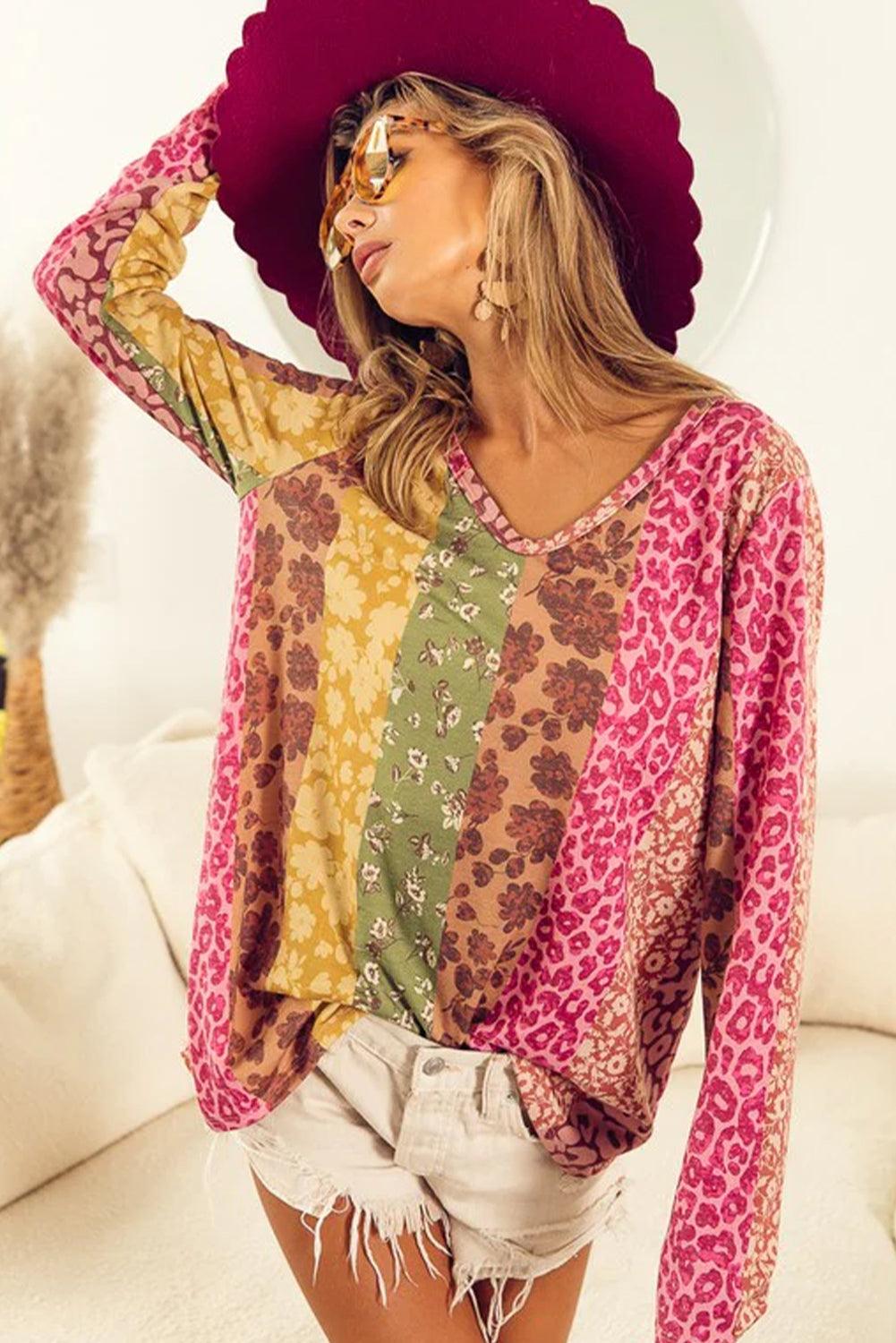 Multicolor Floral Leopard Mixed Print V Neck Long Sleeve Tee - L & M Kee, LLC