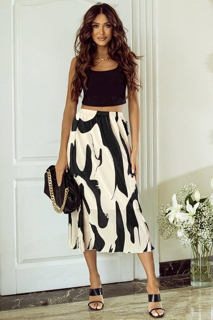 Black Colorblock Geometric Print Pleated Midi Skirt - L & M Kee, LLC