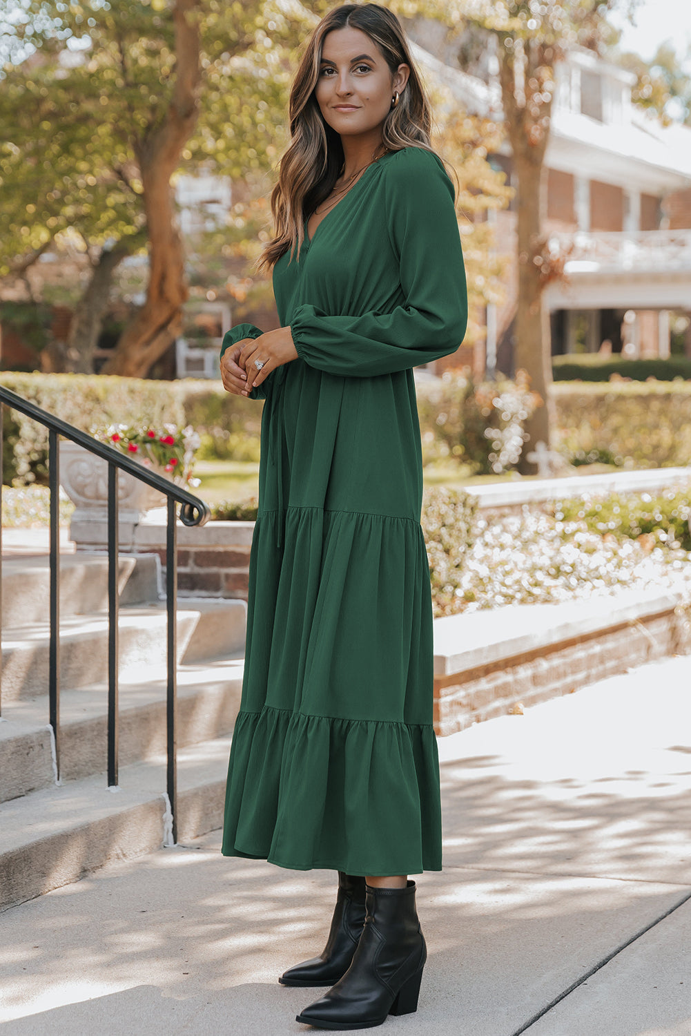 Blackish Green Solid Long Sleeve Button V Neck Tiered Maxi Dress