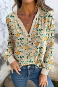 Khaki Floral Print Button Notched V Neck Long Sleeve Top