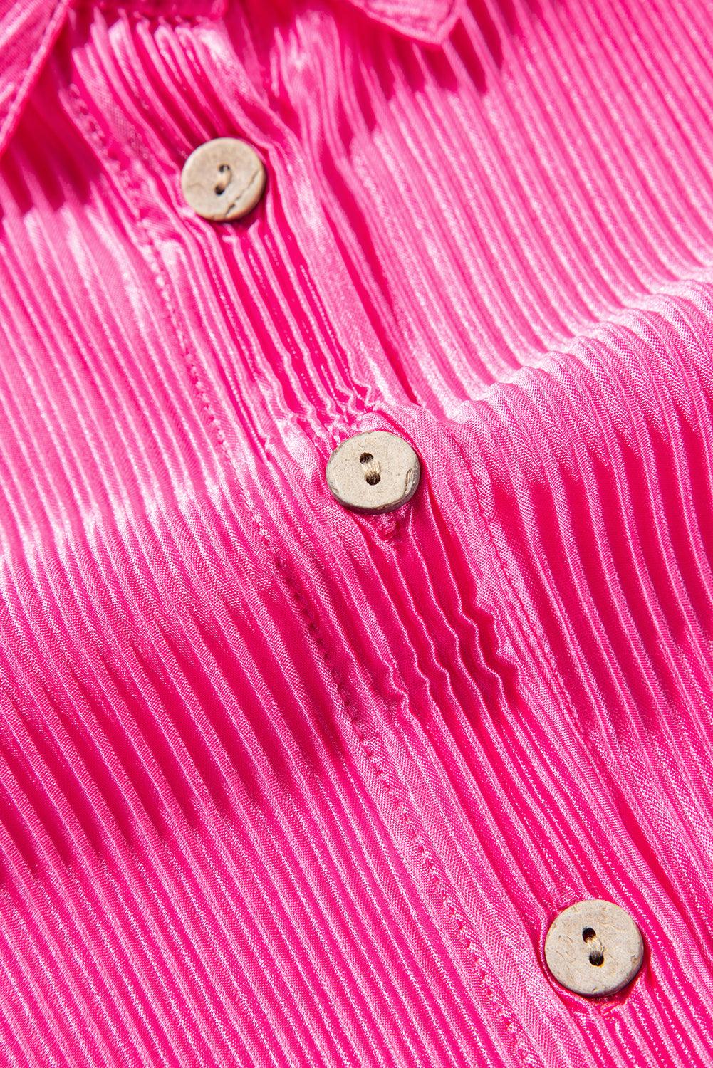 Bright Pink Satin Pleated Short Sleeve Shirt - L & M Kee, LLC