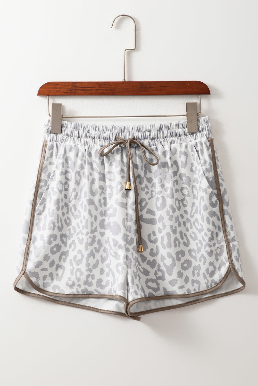 White Leopard Elastic Waist Lace up Contrast Trim Casual Shorts