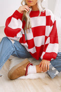 Fiery Red Checkered Bishop Sleeve Sweater