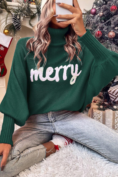 Red Merry Letter Embroidered High Neck Sweater - L & M Kee, LLC