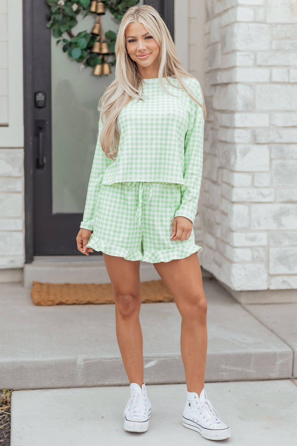 Green Gingham Long Sleeve Loose Top Drawstring Shorts 2pcs Lounge Set