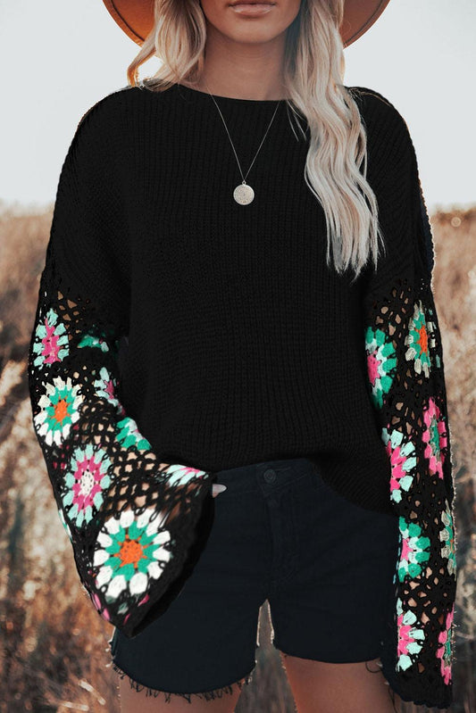 Black Floral Crochet Bell Sleeve Loose Sweater - L & M Kee, LLC