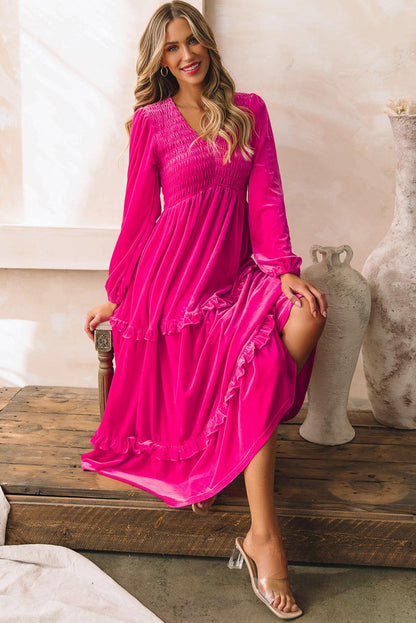 Rose Red Shirred V Neck Long Sleeve Velvet Dress - L & M Kee, LLC