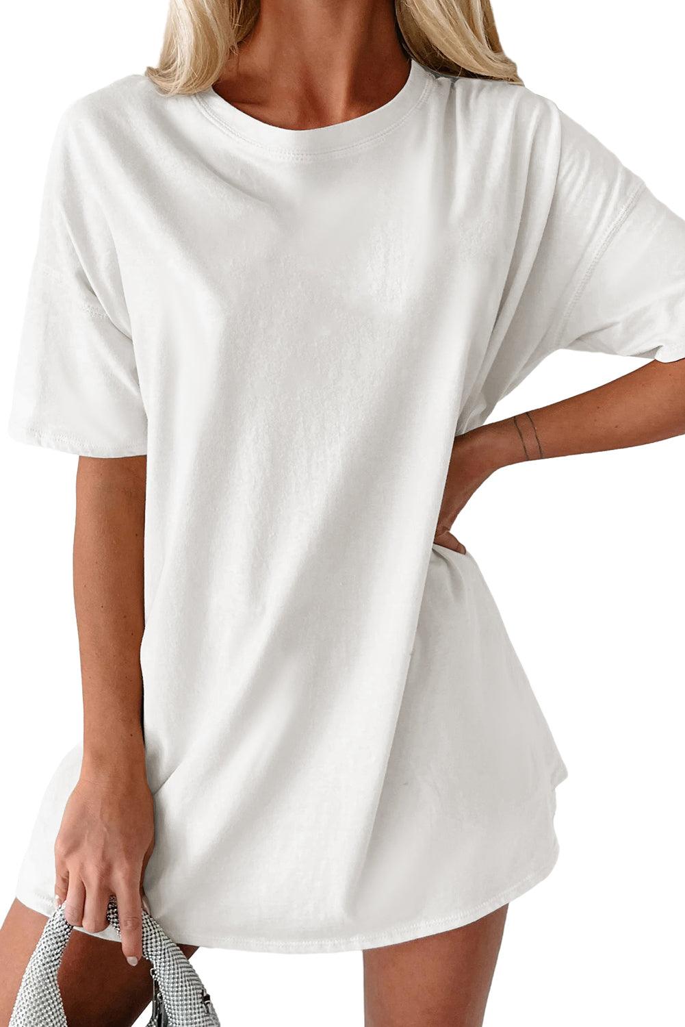 White Solid Color Round Neck Basic Tunic T Shirt - L & M Kee, LLC