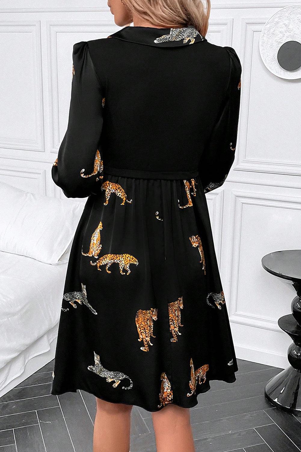 Black Vivid Leopard Print Long Sleeve Swing Dress - L & M Kee, LLC