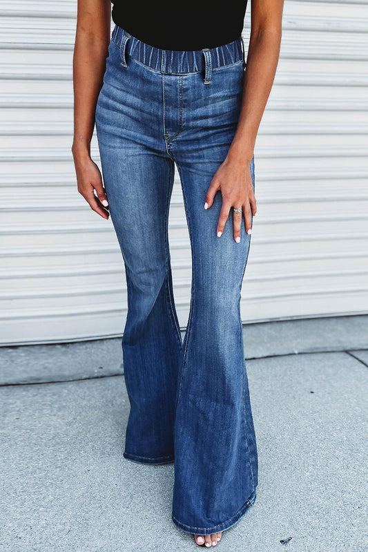 Blue Elastic High Waist Flare Jeans - L & M Kee, LLC
