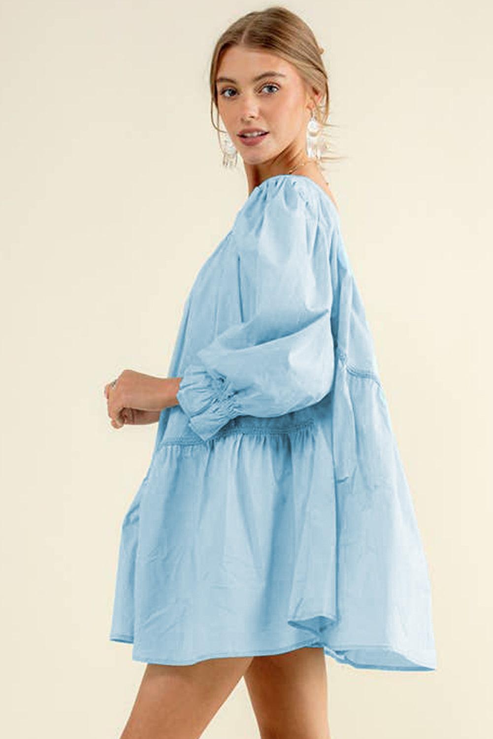 Sky Blue Exquisite Trim Puff Sleeve Asymmetric Swing Mini Dress - L & M Kee, LLC