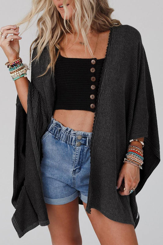 Lace Trim Ribbed Oversize Kimono - L & M Kee, LLC