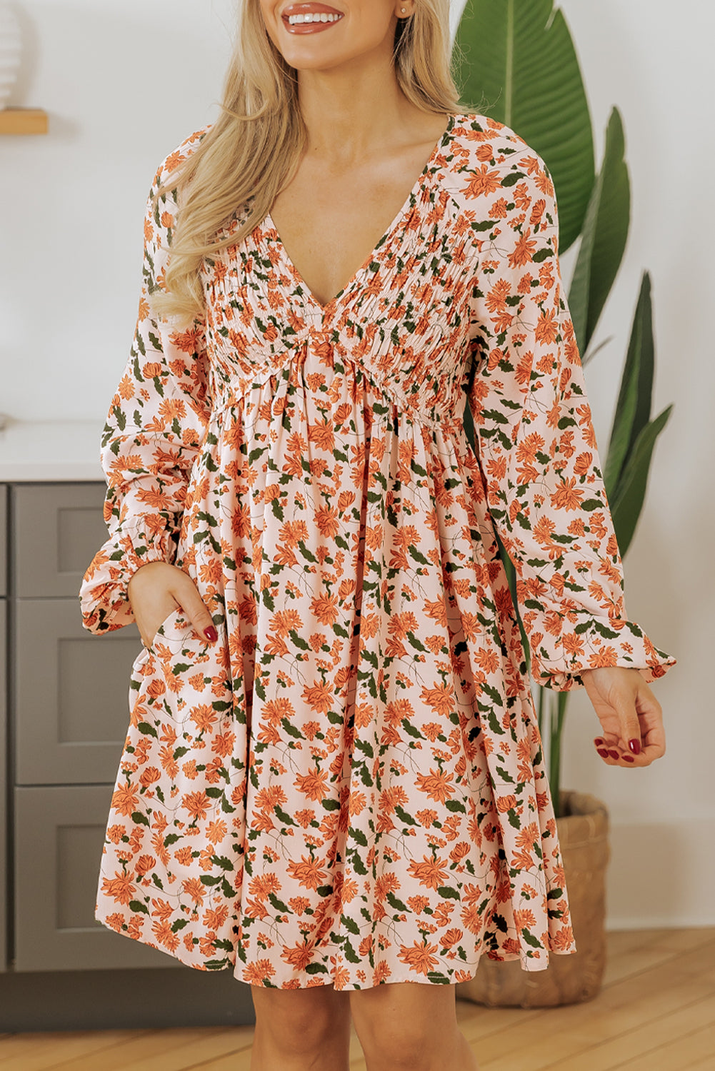 Black Floral Deep V Neck Smocked Bust Bubble Sleeve Babydoll Dress