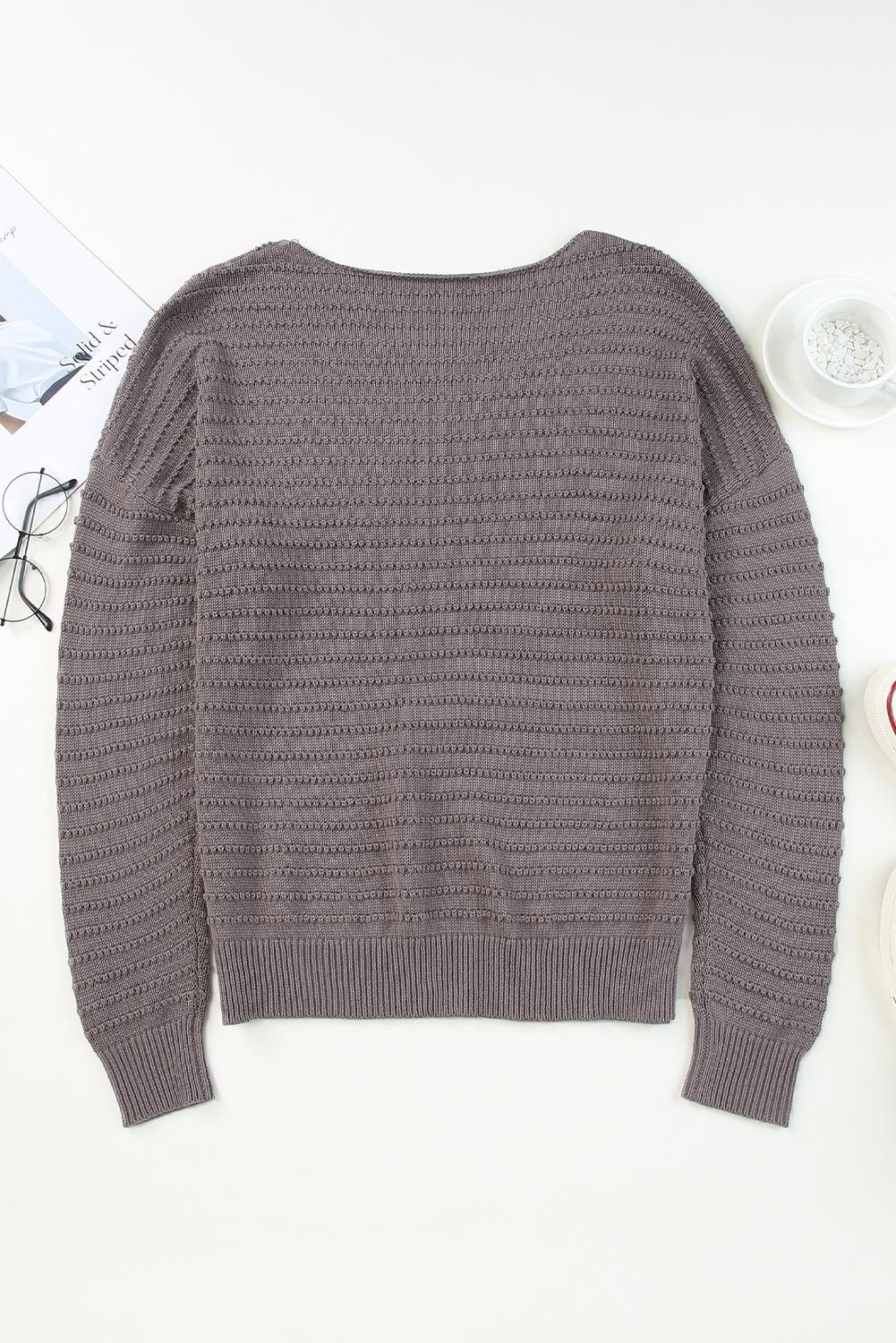 Gray Textured Knit Round Neck Dolman Sleeve Sweater - L & M Kee, LLC