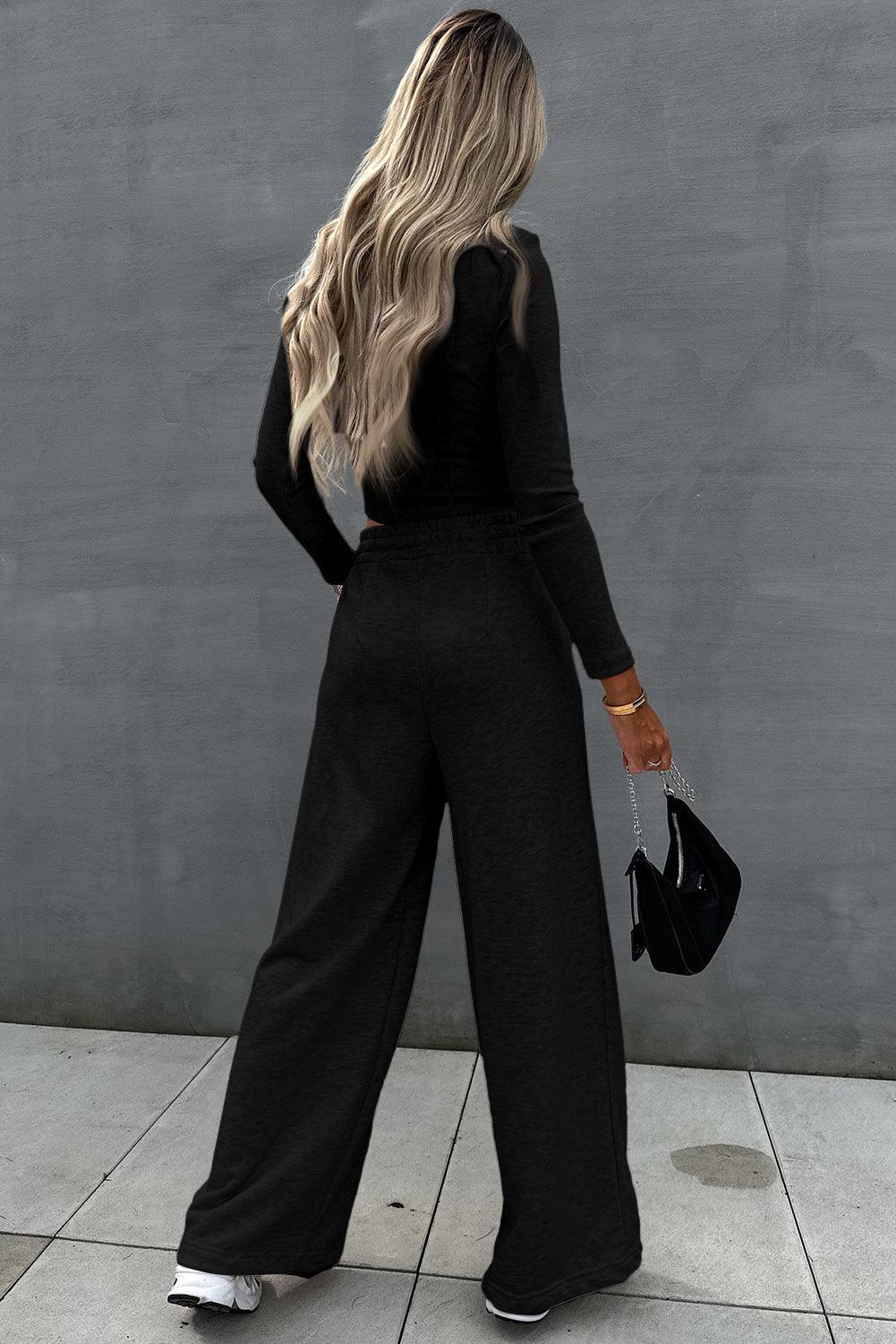 Black Crop Top and Wide Leg Pants Two Piece Set - L & M Kee, LLC