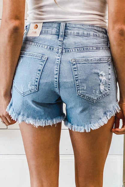 Dark Blue Frayed Hem Denim Shorts - L & M Kee, LLC