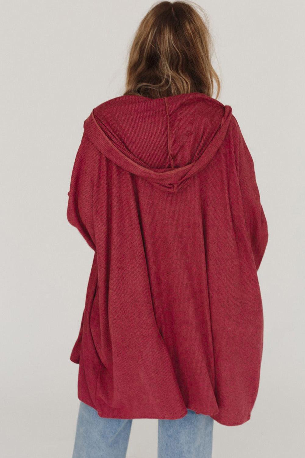 Red Bracelet Sleeve Pocketed Open Front Hooded Cardigan - L & M Kee, LLC