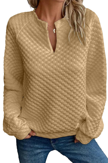 Khaki Split Neck Quilted Long Sleeve Top - L & M Kee, LLC