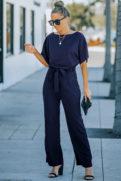 Blue Oh So Glam Belted Wide Leg Jumpsuit - L & M Kee, LLC