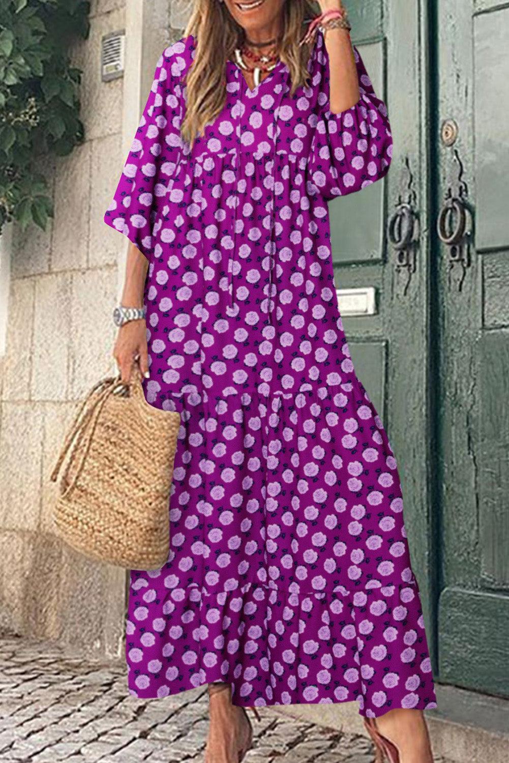 Purple Boho Printed Puff Sleeve Maxi Dress - L & M Kee, LLC