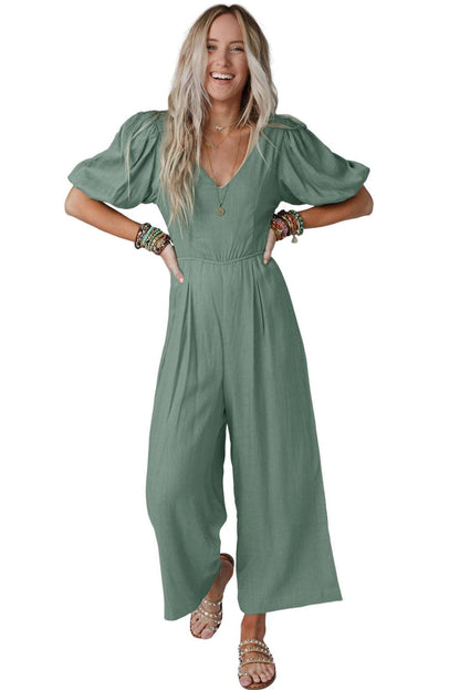 V Neck Puff Sleeve Hollow out Wide Leg Jumpsuit