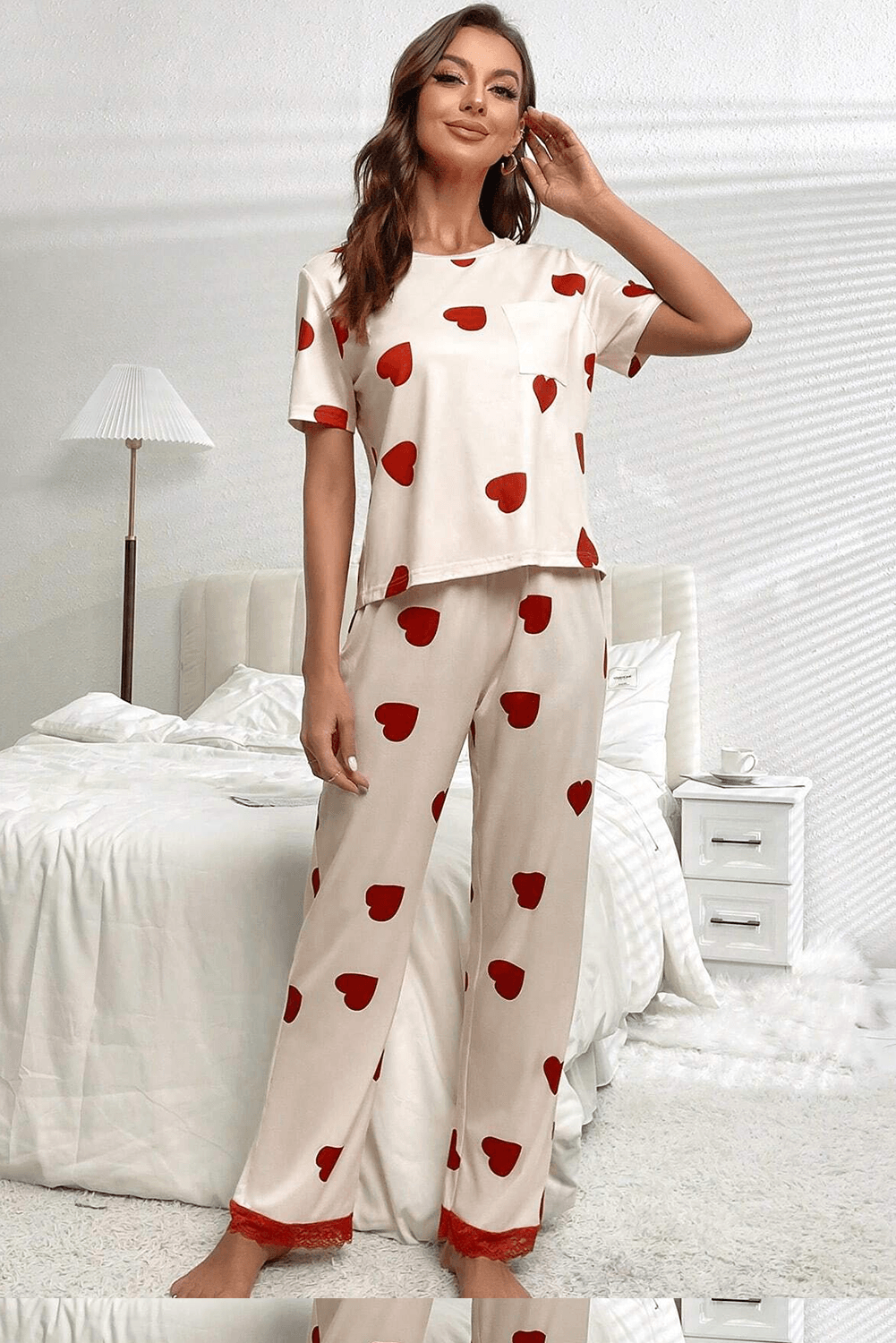 White Valentines Heart Print Lace Hem Tee Pants Pajama Set - L & M Kee, LLC
