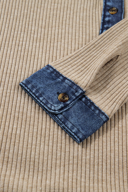 Beige Ribbed Knit Denim Patchwork Button Polo Collar Cuffed Long Sleeve Top