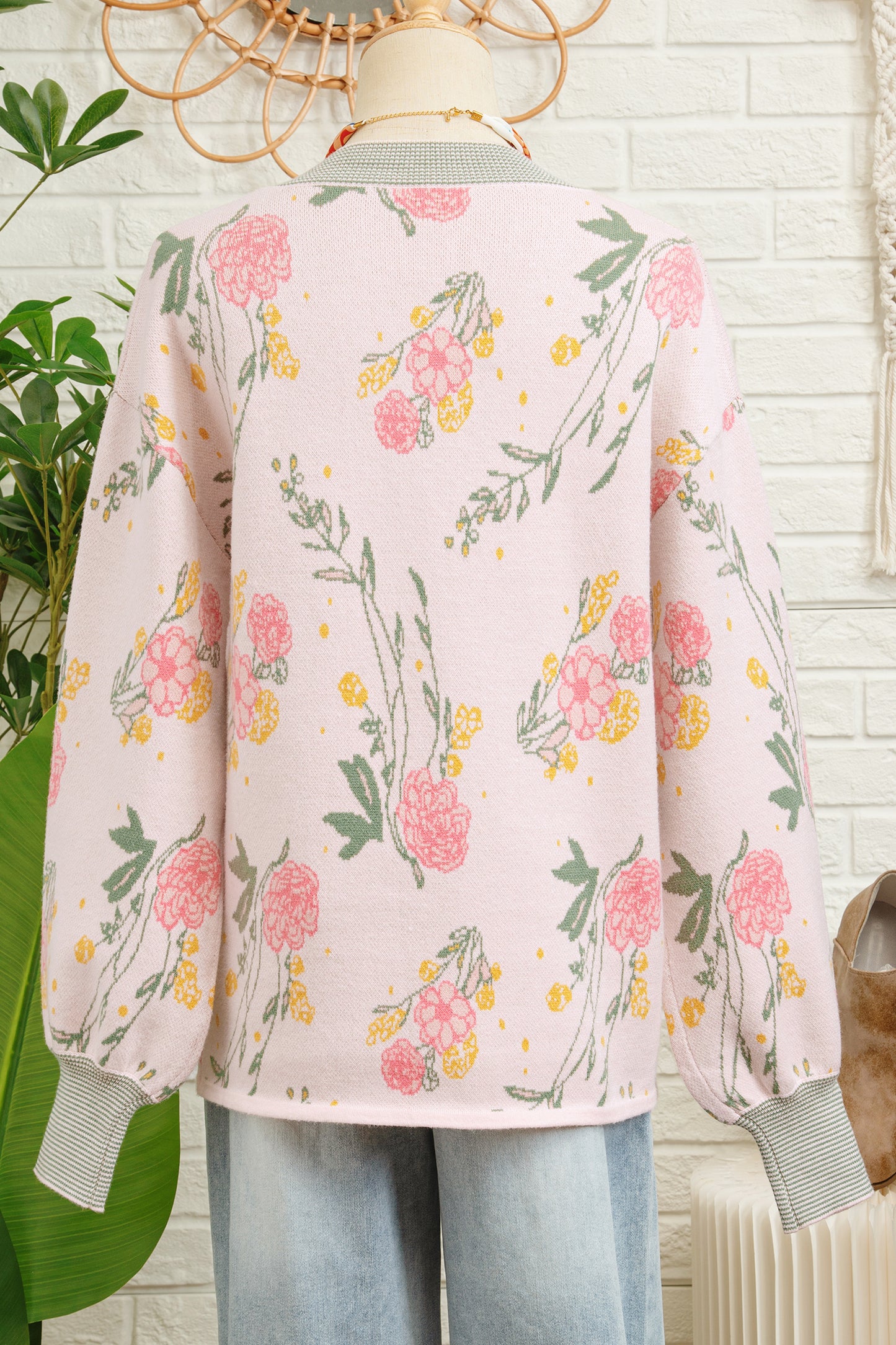 Pink Floral Pattern Striped V Neck Loose Sweater