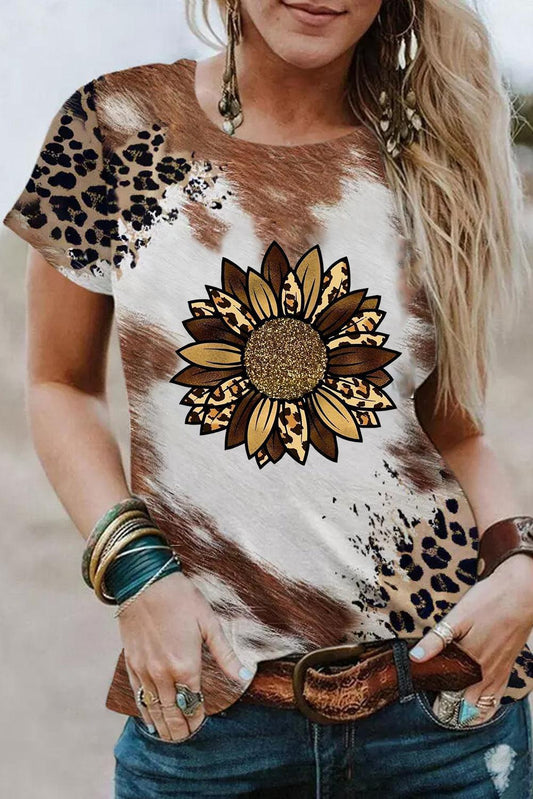 Chestnut Leopard Bleached Sunflower Graphic Crewneck T Shirt - L & M Kee, LLC