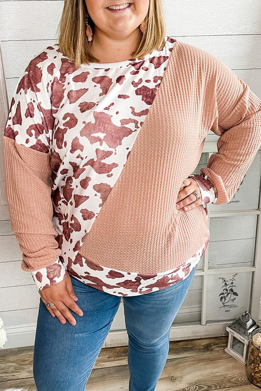 Pink Cow Spots Colorblock Long Sleeve Plus Size Top - L & M Kee, LLC