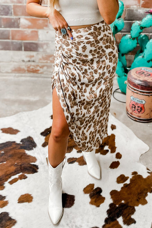 Khaki Leopard Print Side Spit Ruched Midi Skirt