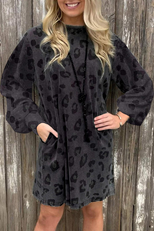 Gray Leopard Pocketed Puff Sleeve Mini Dress - L & M Kee, LLC