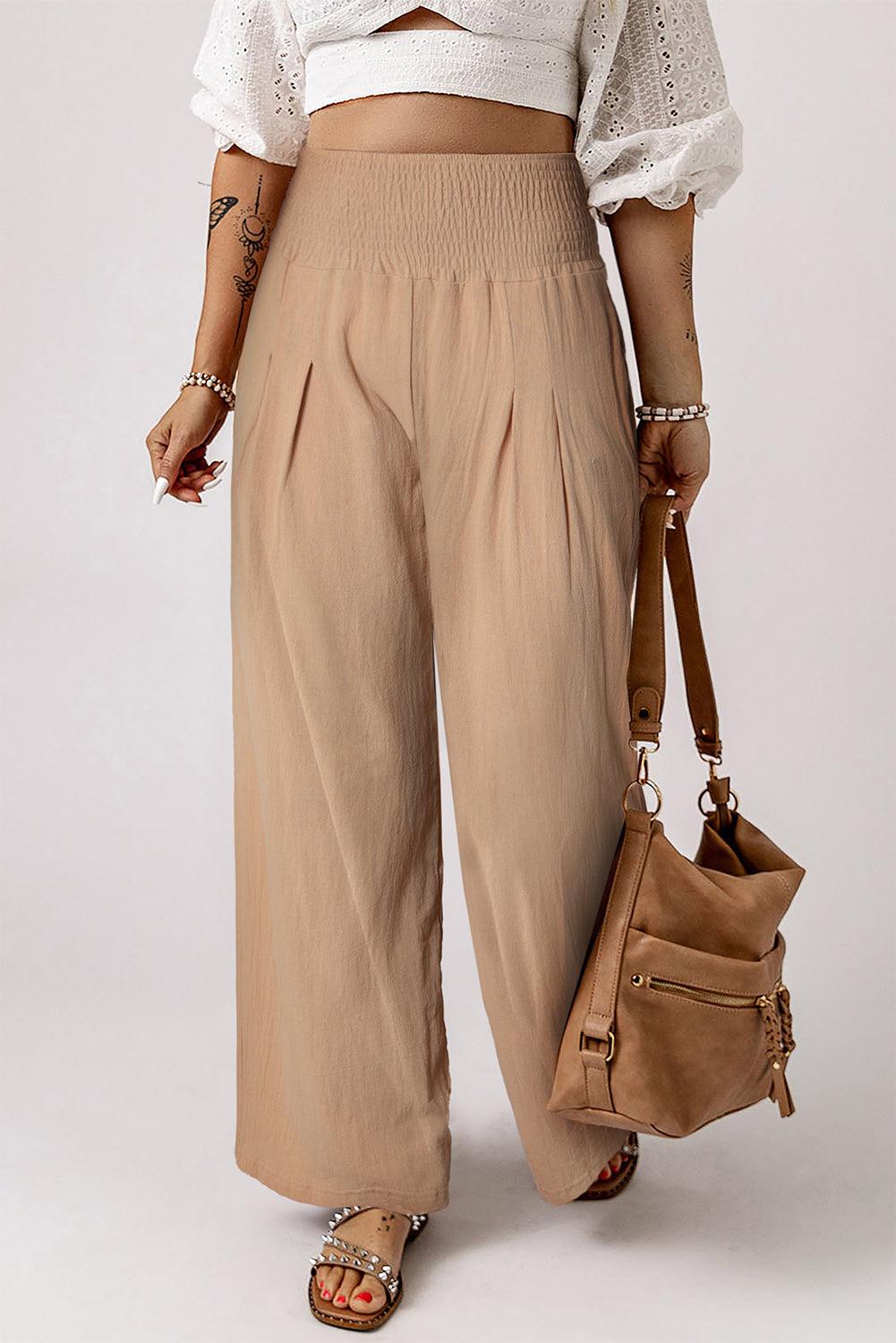 Khaki Smocked Wide Waistband High Waist Wide Leg Pants - L & M Kee, LLC