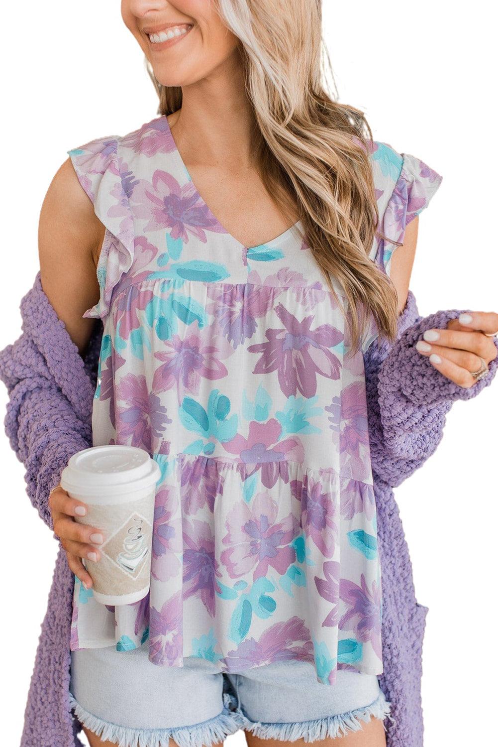 Watercolor Floral Ruffled V Neck Tank Top - L & M Kee, LLC