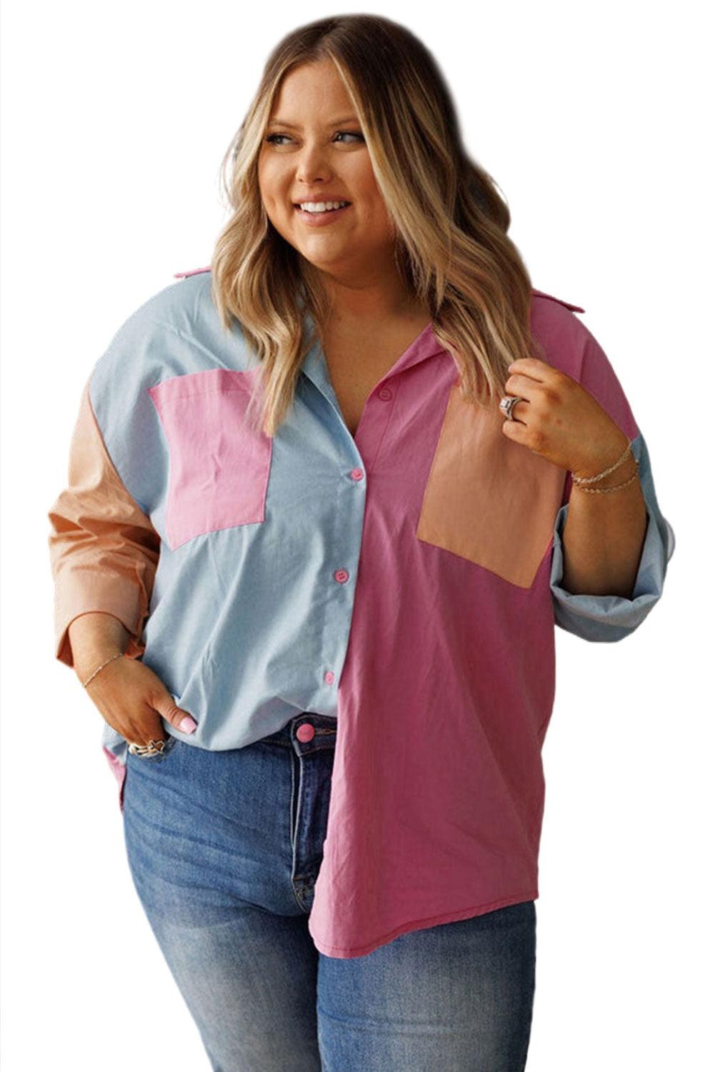Pink Color Block Chest Pockets Plus Size Shirt - L & M Kee, LLC