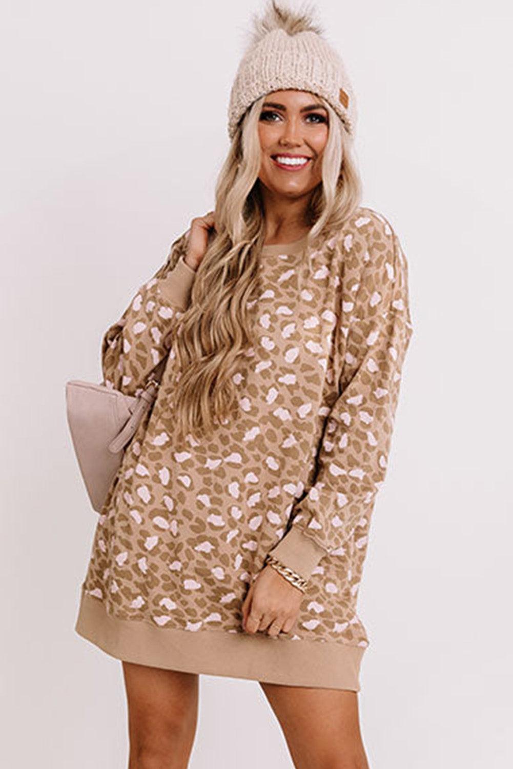 Parchment Leopard Print Side Pockets Long Sleeve Mini Dress - L & M Kee, LLC