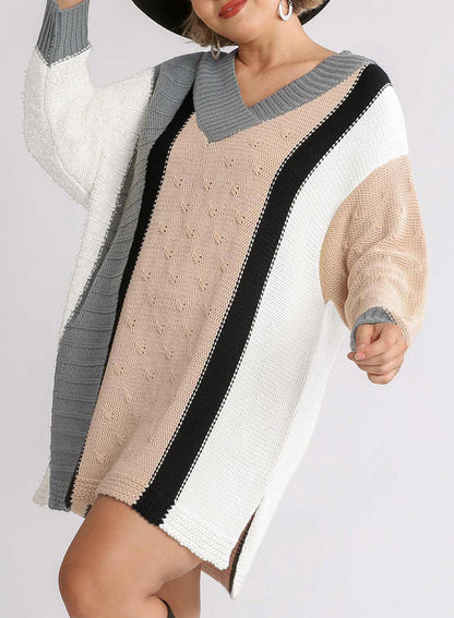 Apricot Mixed Boucl Color Block Plus Size Sweater Dress - L & M Kee, LLC