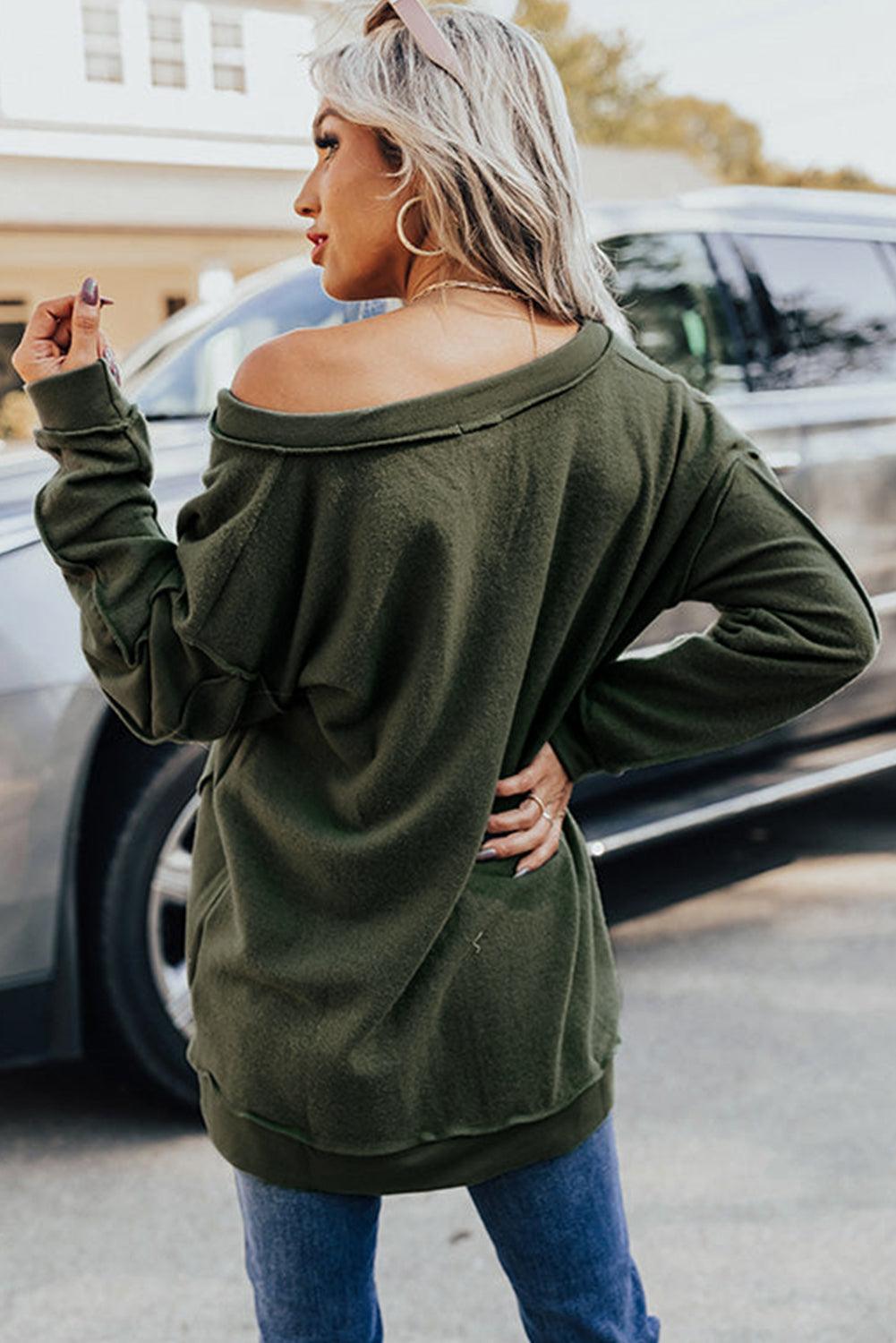 Green Expose Seam Detail Split Neck Long Sleeve Top - L & M Kee, LLC