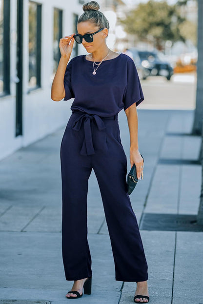 Blue Oh So Glam Belted Wide Leg Jumpsuit - L & M Kee, LLC