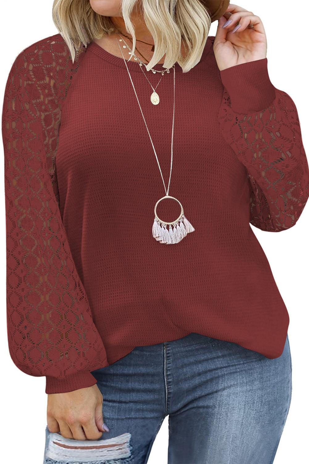 Red Plus Size Contrast Lace Sleeve Waffle Knit Top - L & M Kee, LLC