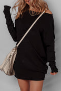 Black Asymmetric Neck Batwing Sleeve Shift Mini Sweater Dress