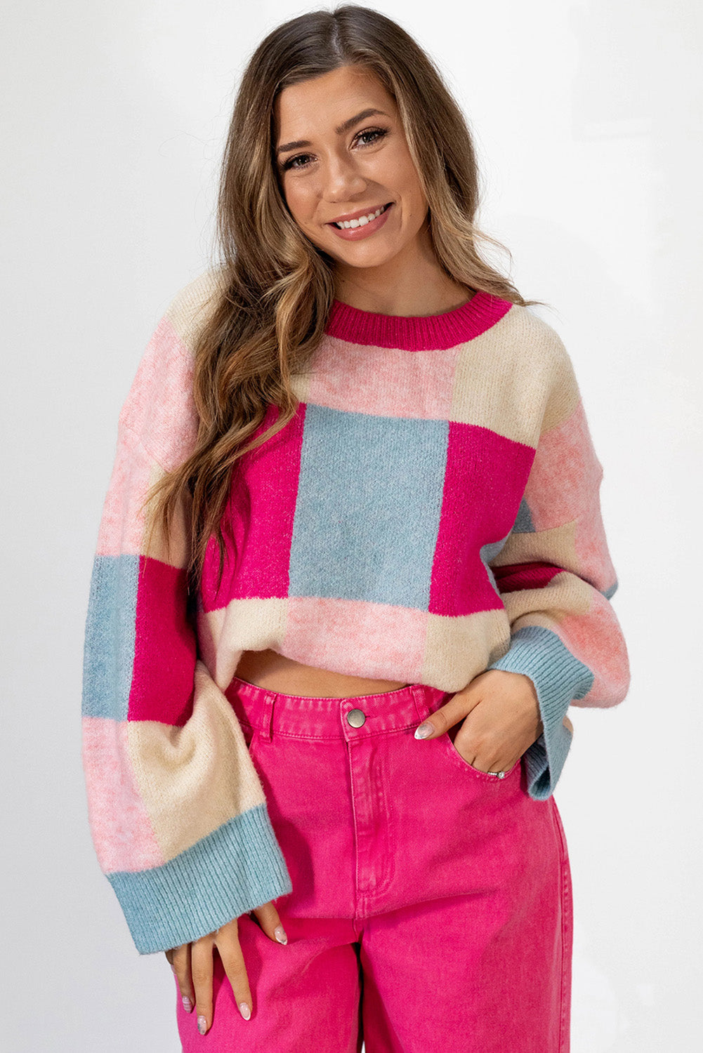 Rose Red Color Block Drop Shoulder Crewneck Loose Fit Sweater