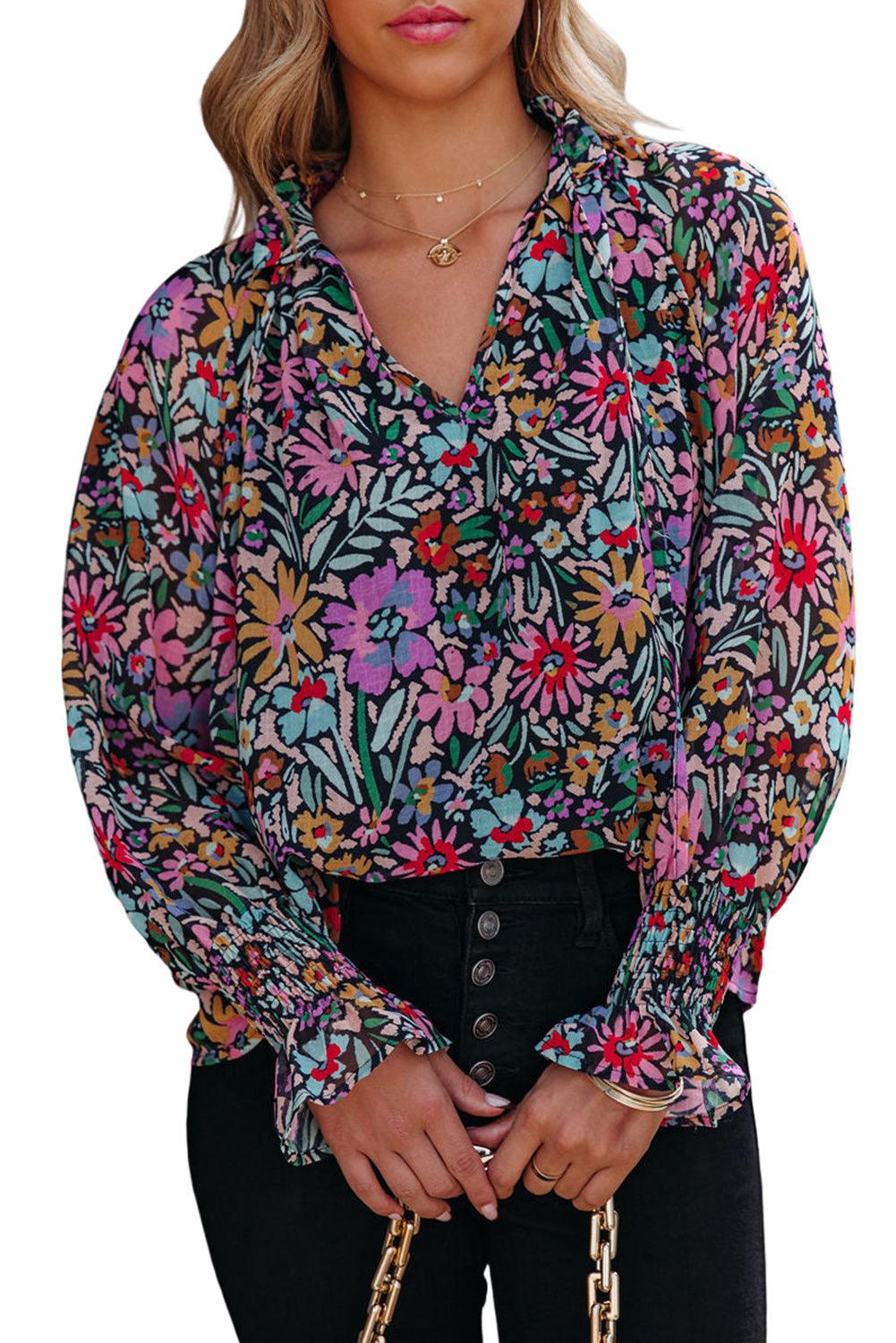 Multicolor Floral Print Ruffled Long Sleeve V-Neck Blouse - L & M Kee, LLC