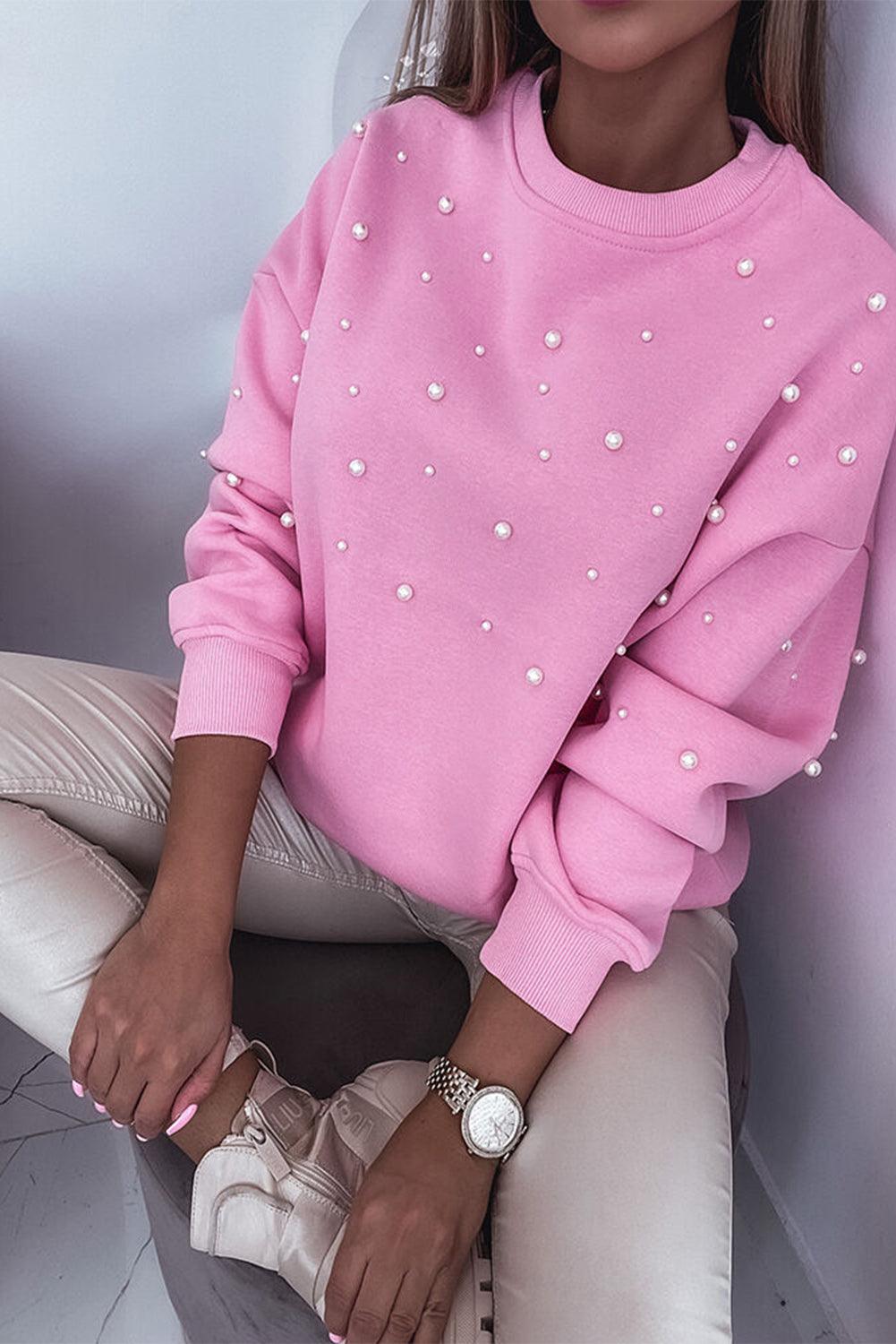 Bonbon Pearl Detail Ribbed Crew Neck Sweatshirt - L & M Kee, LLC