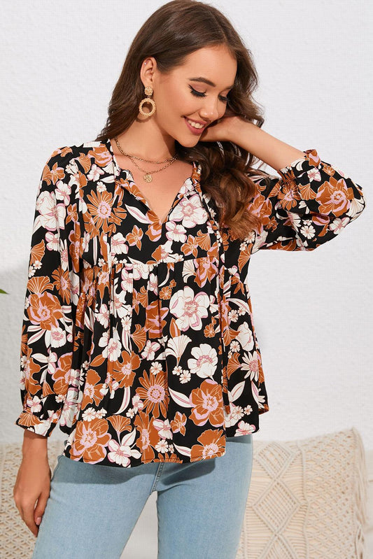 Floral Print 3/4 Sleeve Babydoll Blouse - L & M Kee, LLC