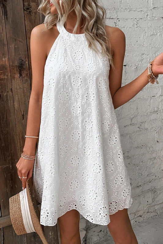 White Boho Eyelet Pattern Halter Neck Sleeveless Dress - L & M Kee, LLC