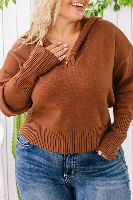 Solid Ribbed Trim Plus Size Zip Collar Sweater - L & M Kee, LLC