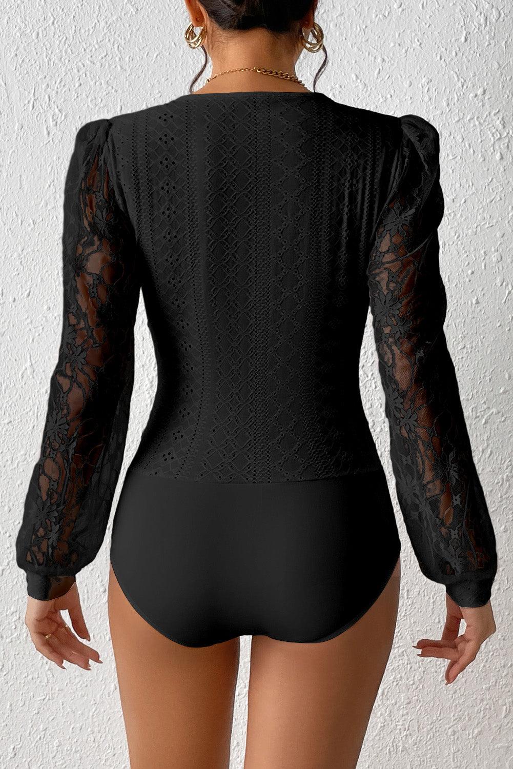 Black Frenchy Contrast Lace Bishop Sleeve Bodysuit - L & M Kee, LLC